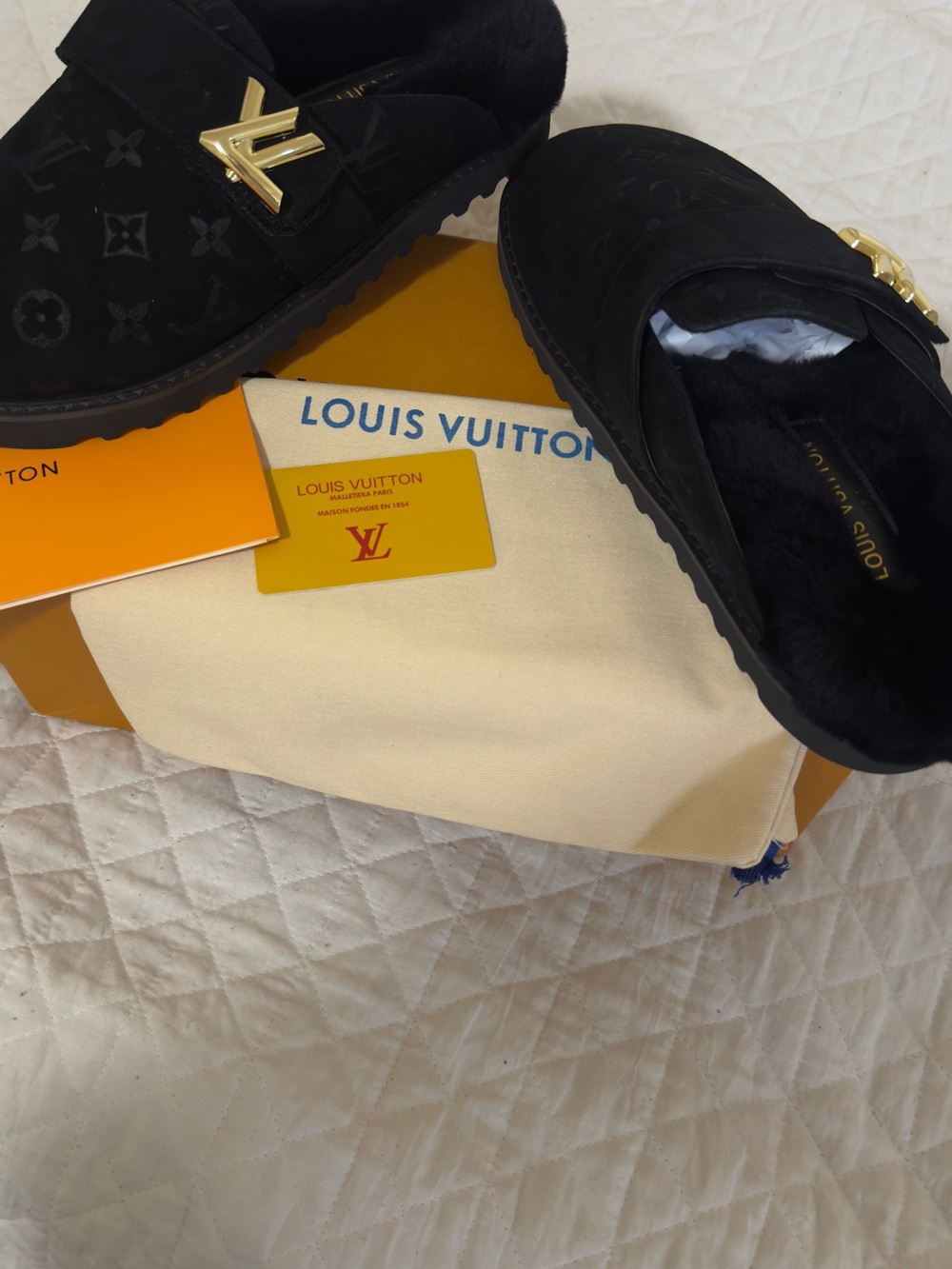 Louis Vuitton Black Monogram Suede Mule Loafers with Gold LV Accent
